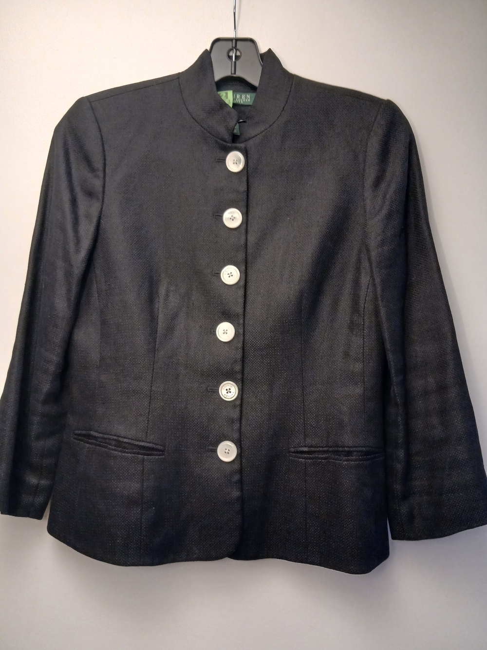 Lauren Ralph Lauren Black Mandarin Collar Blazer with Contrast Buttons